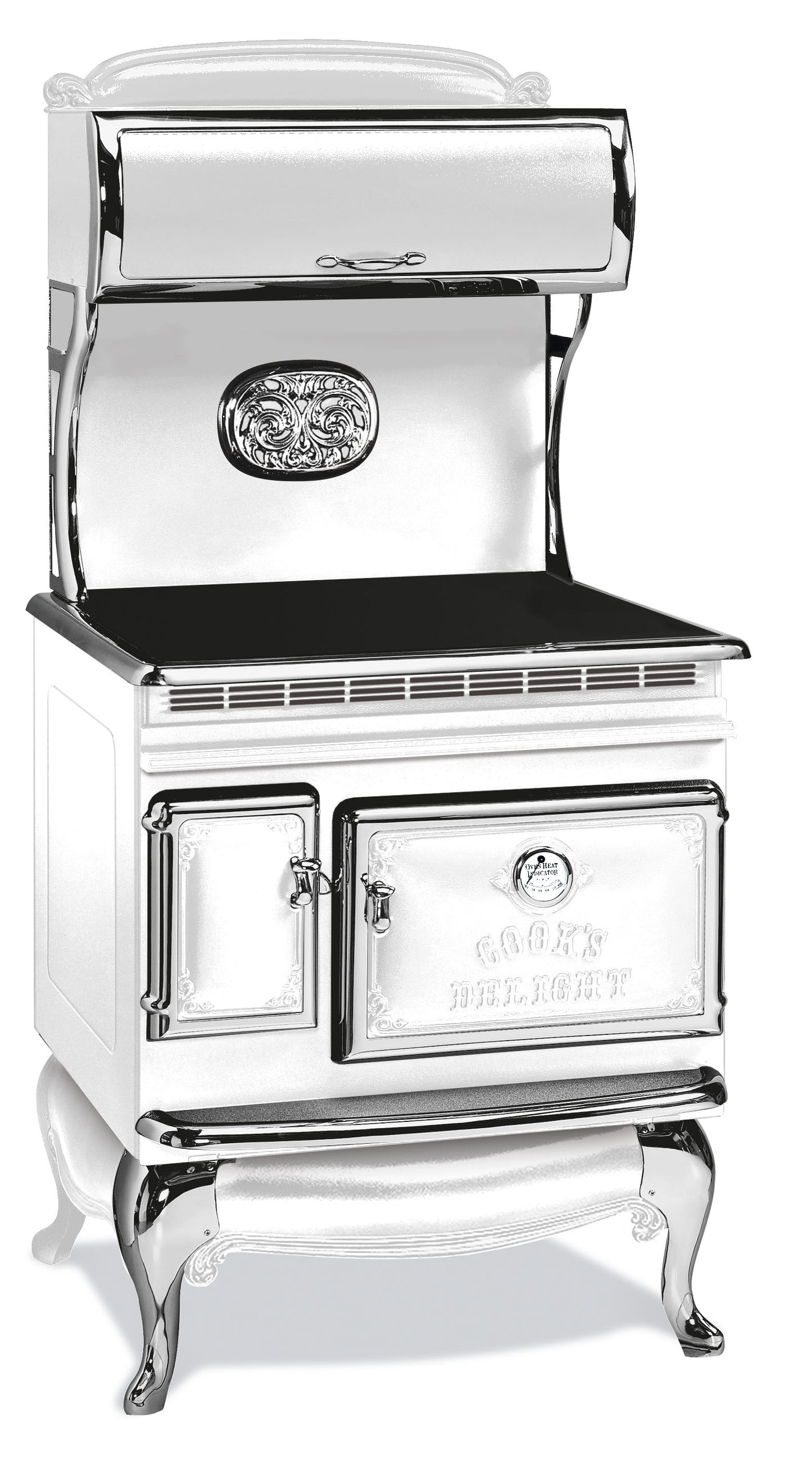 White Elmira Stove Works Heritage Induction Model 1850 vintage-style cookstove with polished nickel accents.