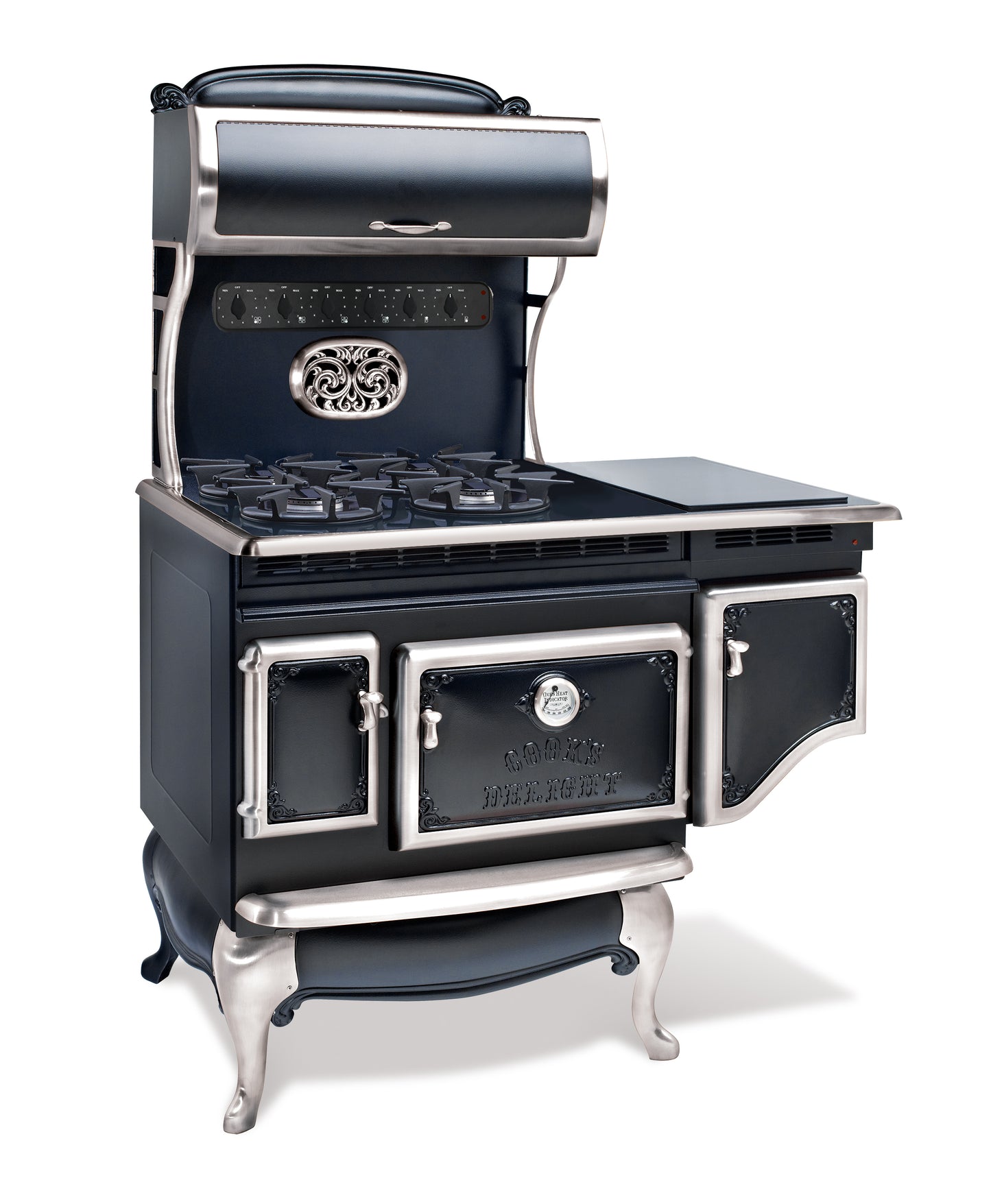 Heritage-Inspired Range with six dual fuel cooktop burners, four gas burners and two electric burners, Black with Nickel trim, electric convection oven, 1865