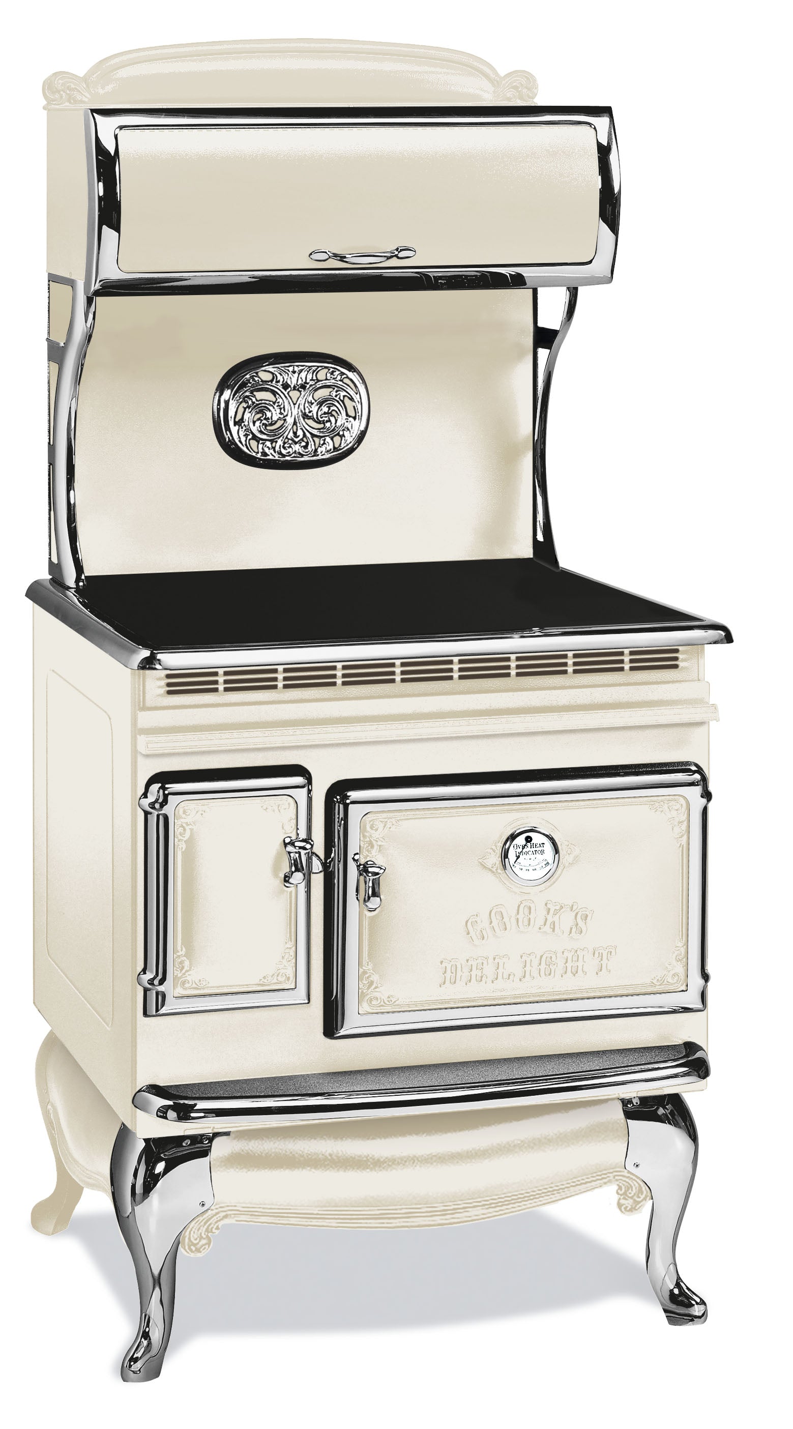 Bisque Elmira Stove Works Heritage Induction Model 1850 vintage-style cookstove with polished nickel accents. 