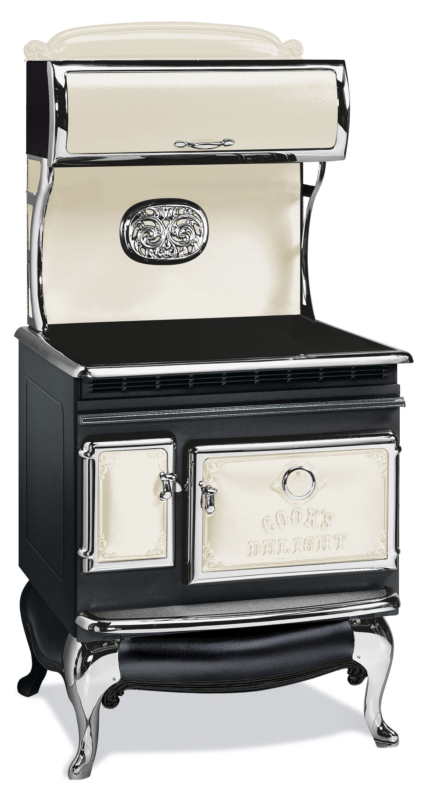 Black and Bisque Elmira Stove Works Heritage Induction Model 1850 vintage-style cookstove with polished nickel accents. 