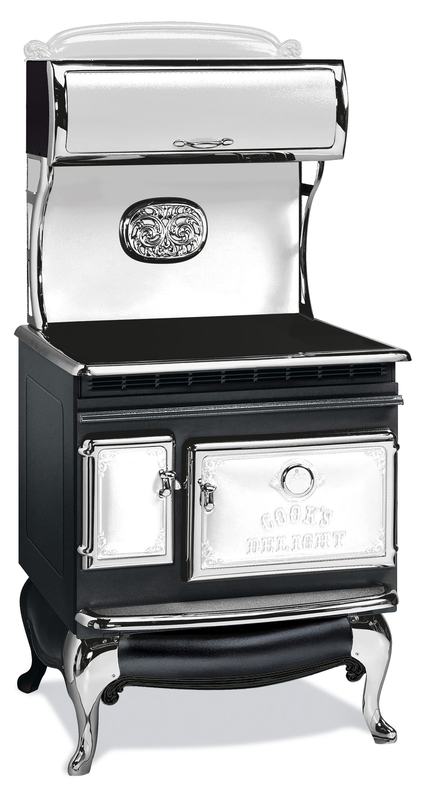 Black and White Elmira Stove Works Heritage Induction Model 1850 vintage-style cookstove with polished nickel accents. 