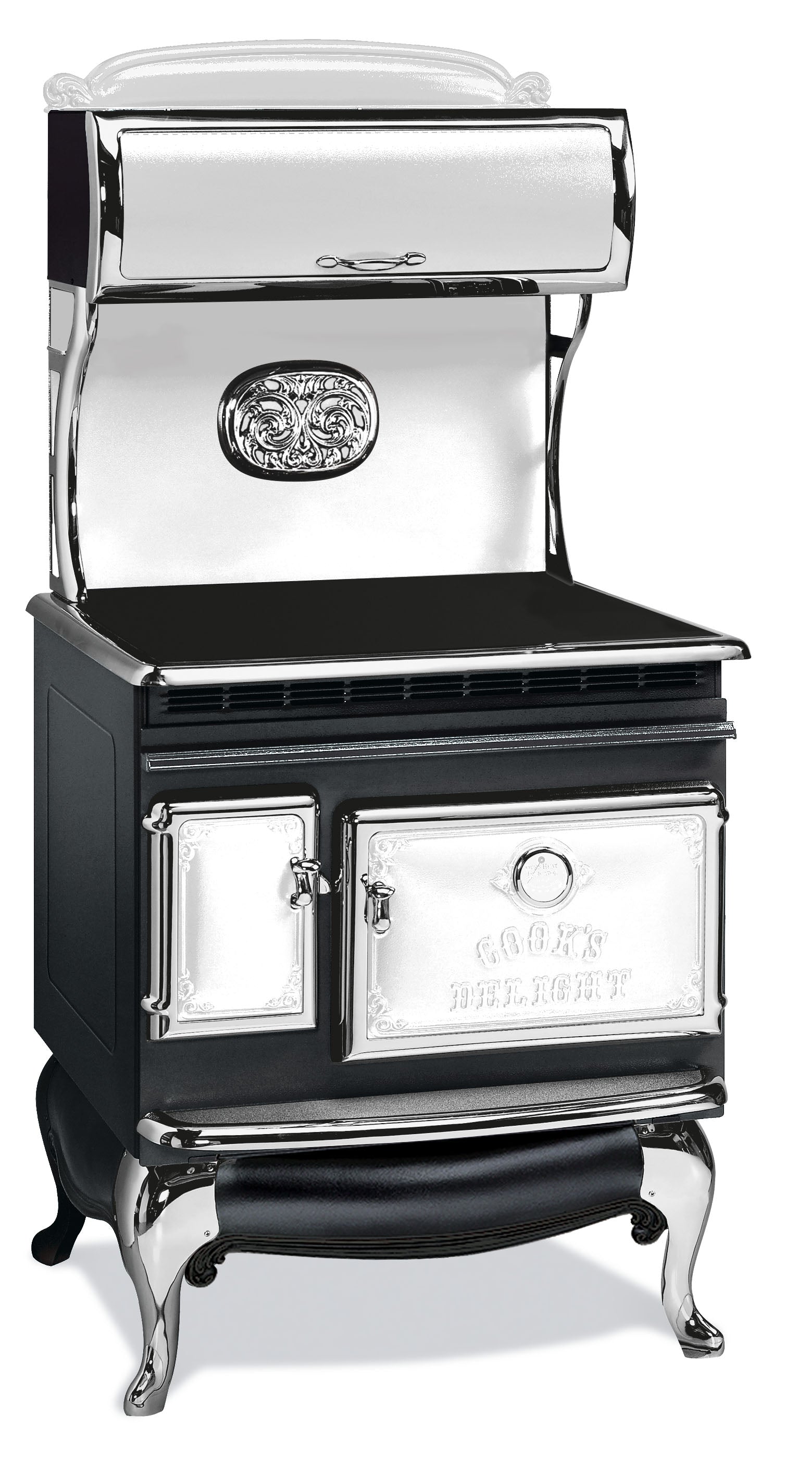 Black and White Elmira Stove Works Heritage Induction Model 1850 vintage-style cookstove with polished nickel accents. 