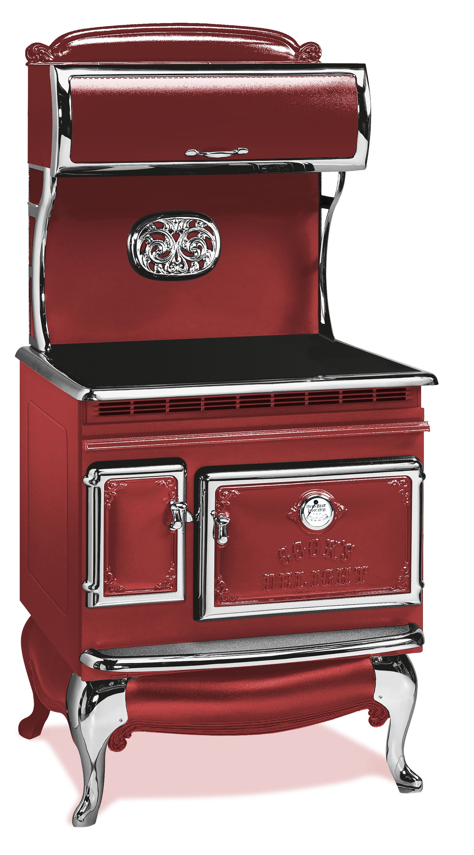 Cayenne Red Elmira Stove Works Heritage Induction Model 1850 vintage-style cookstove with polished nickel accents. 