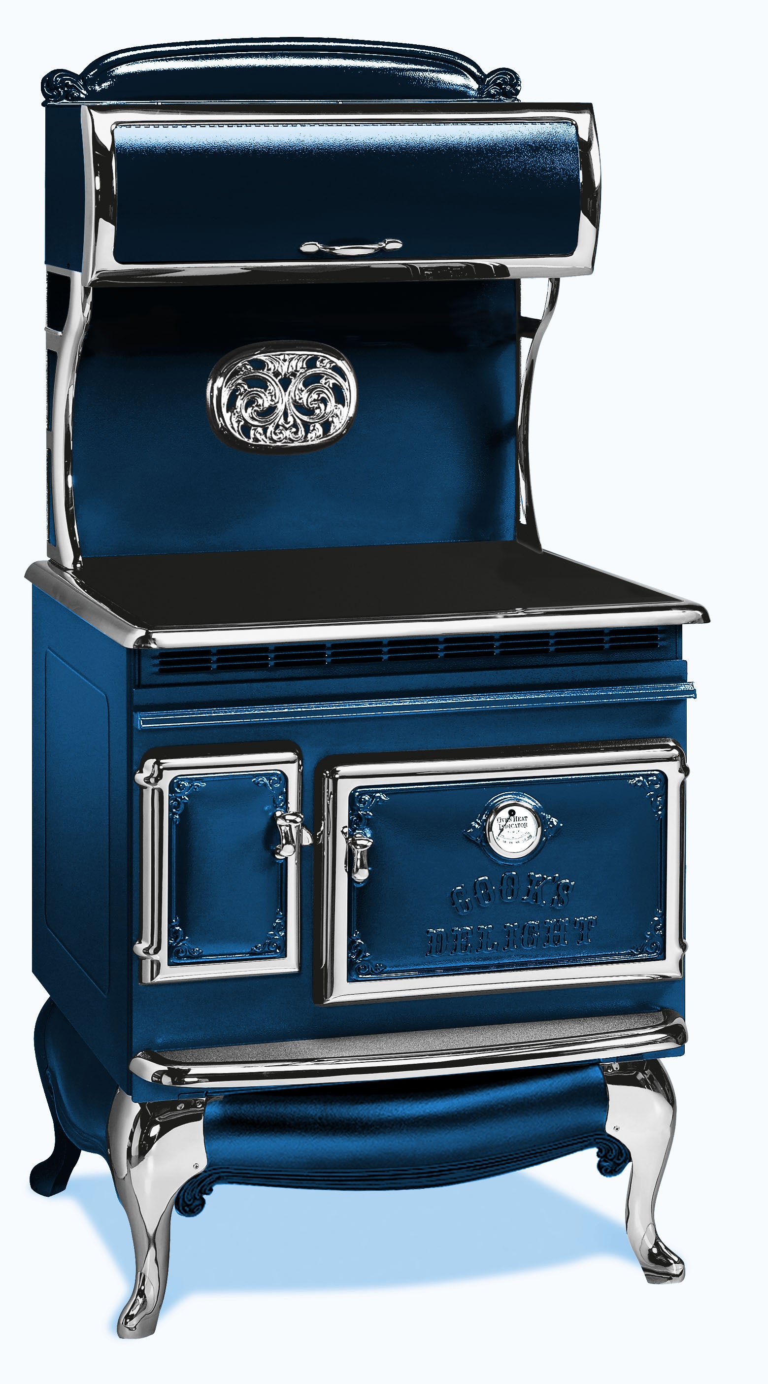 Liberty Blue Elmira Stove Works Heritage Induction Model 1850 vintage-style cookstove with polished nickel accents.