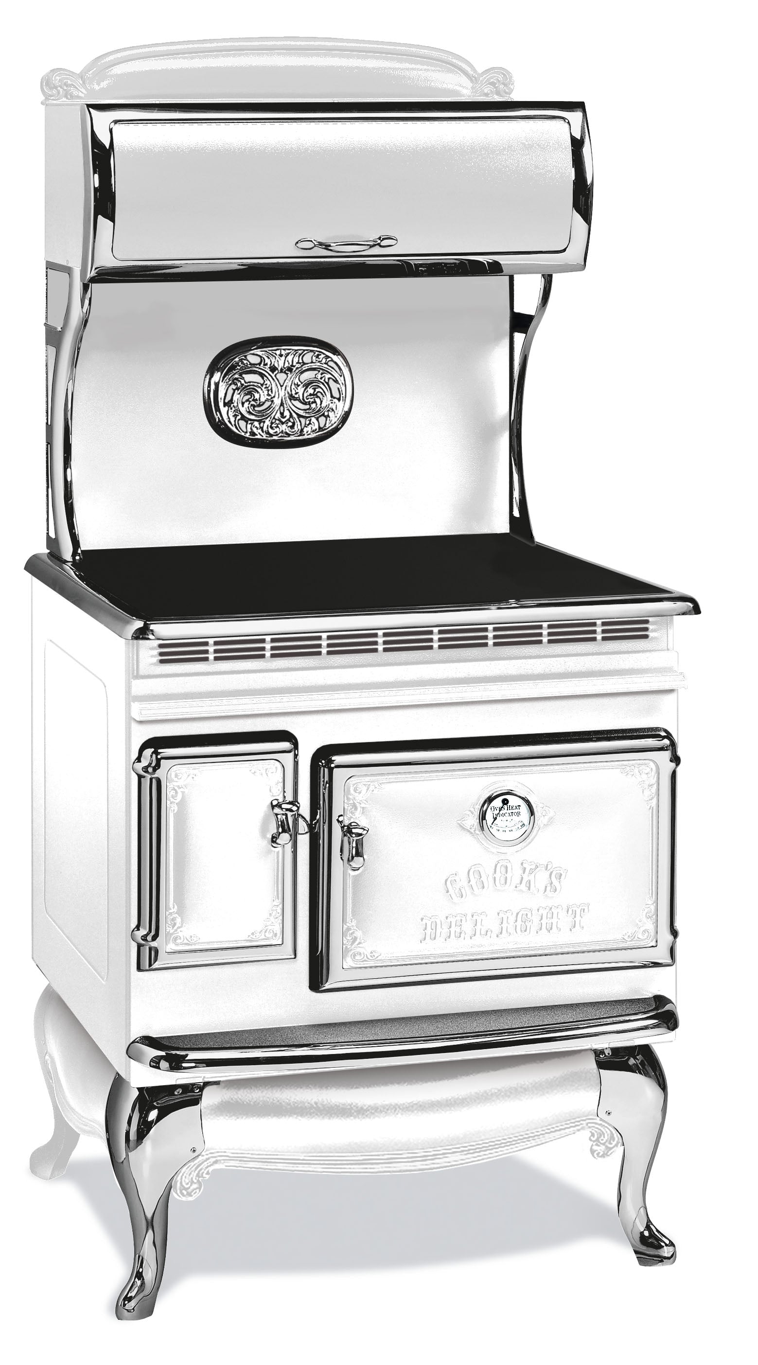 White Elmira Stove Works Heritage Induction Model 1850 vintage-style cookstove with polished nickel accents. 