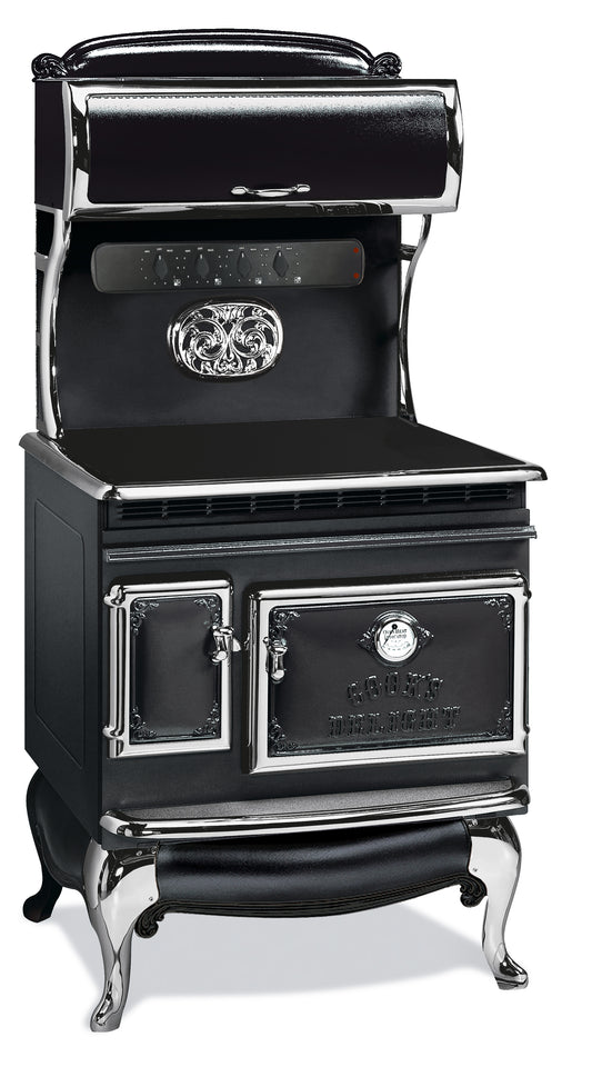 Heritage-Inspired Range with four electric cooktop burners and an electric convection oven, Black with Nickel trim, 1850