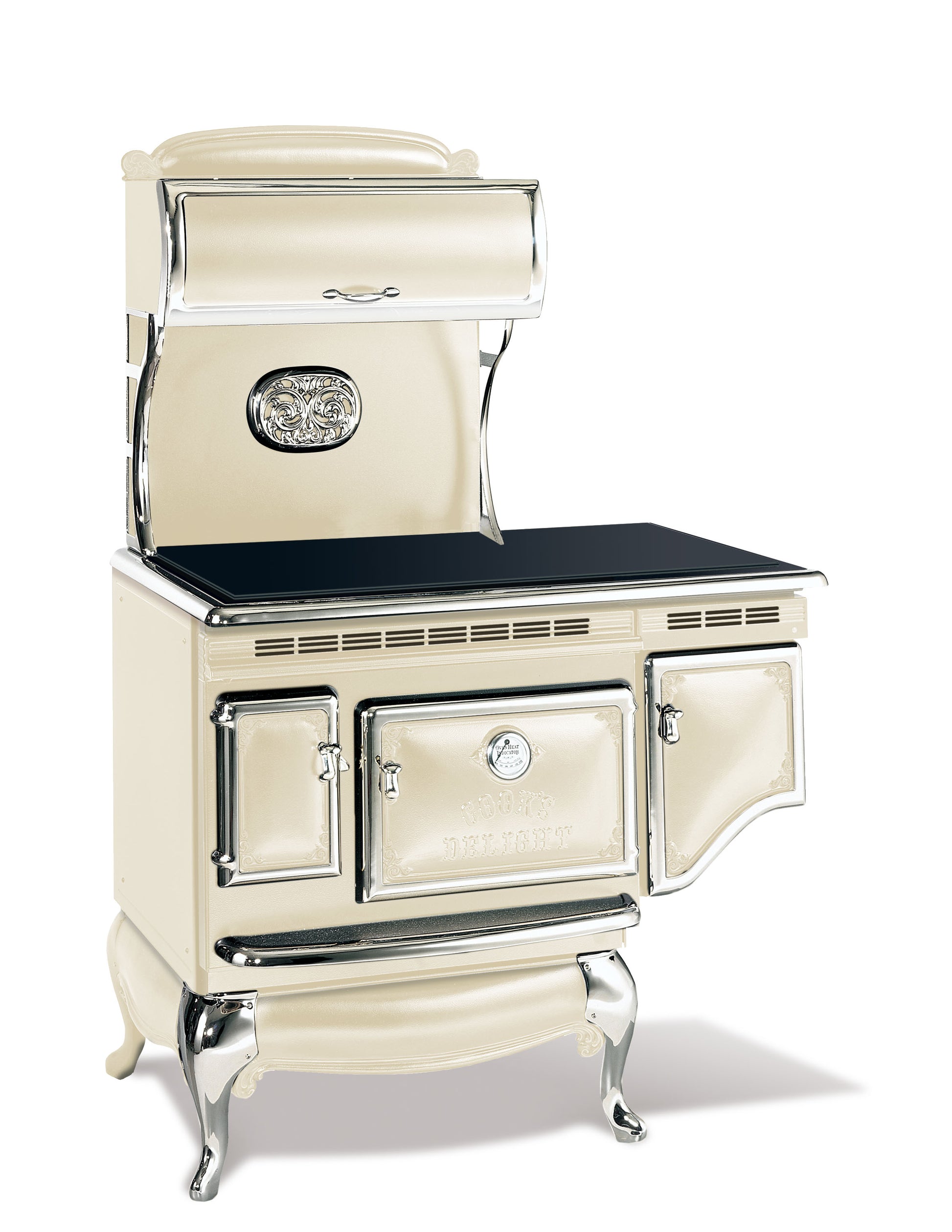 Bisque Elmira Stove Works Heritage Induction Model 1855 vintage-style cookstove with polished nickel accents.