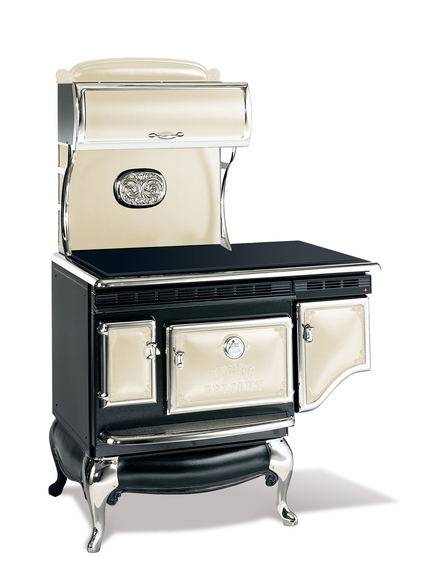 Black and Bisque Elmira Stove Works Heritage Induction Model 1855 vintage-style cookstove with polished nickel accents.