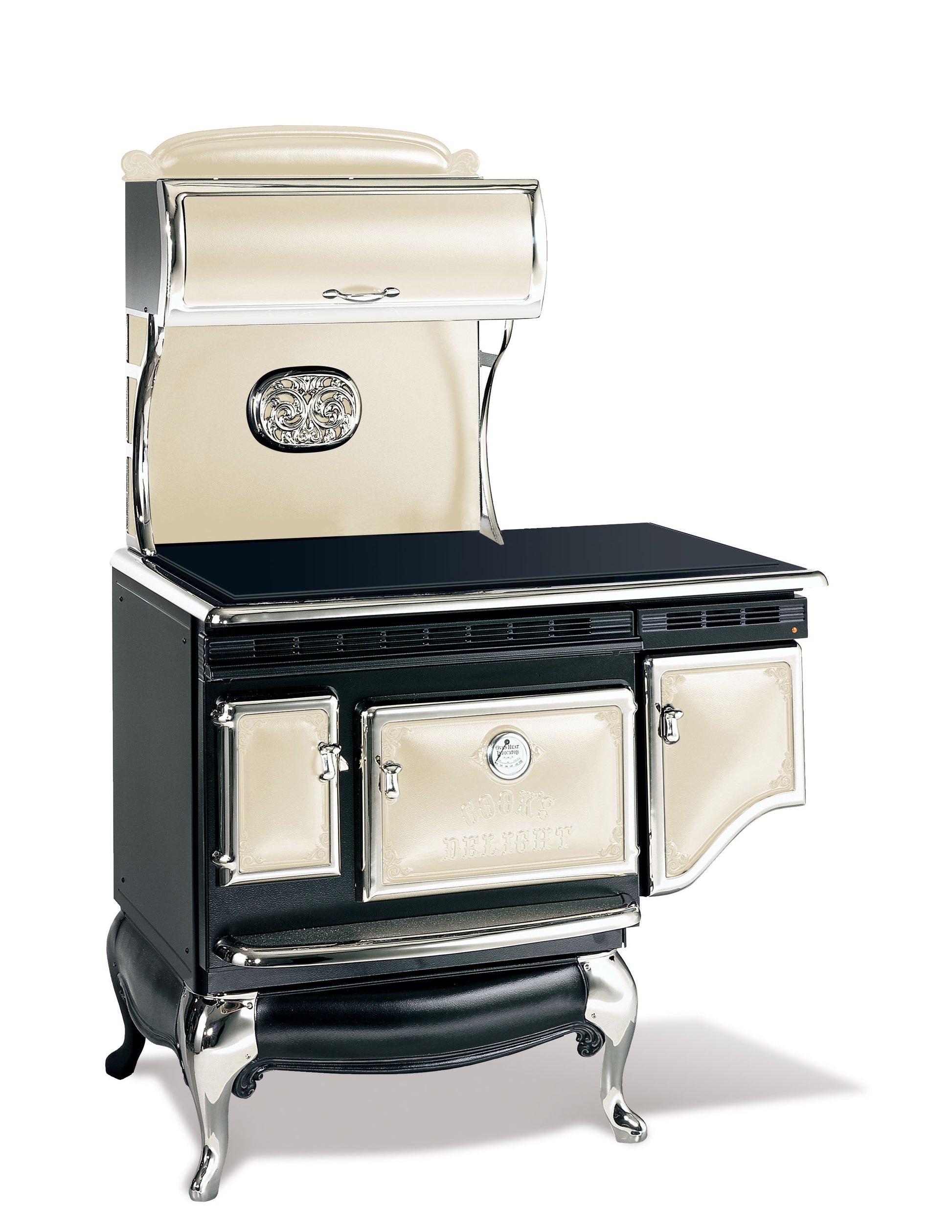 Black and Bisque Elmira Stove Works Heritage Induction Model 1855 vintage-style cookstove with polished nickel accents.