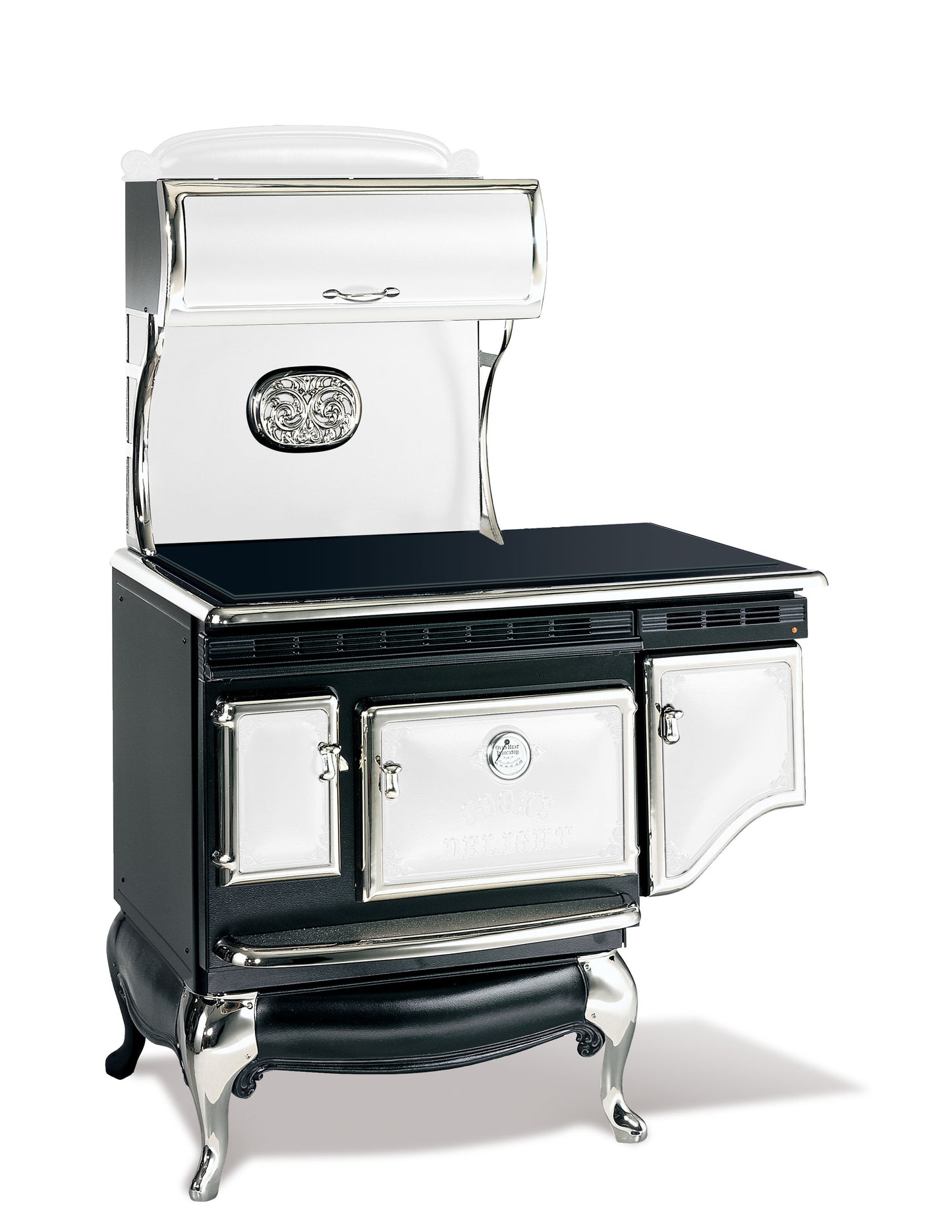 Black and White Elmira Stove Works Heritage Induction Model 1855 vintage-style cookstove with polished nickel accents.