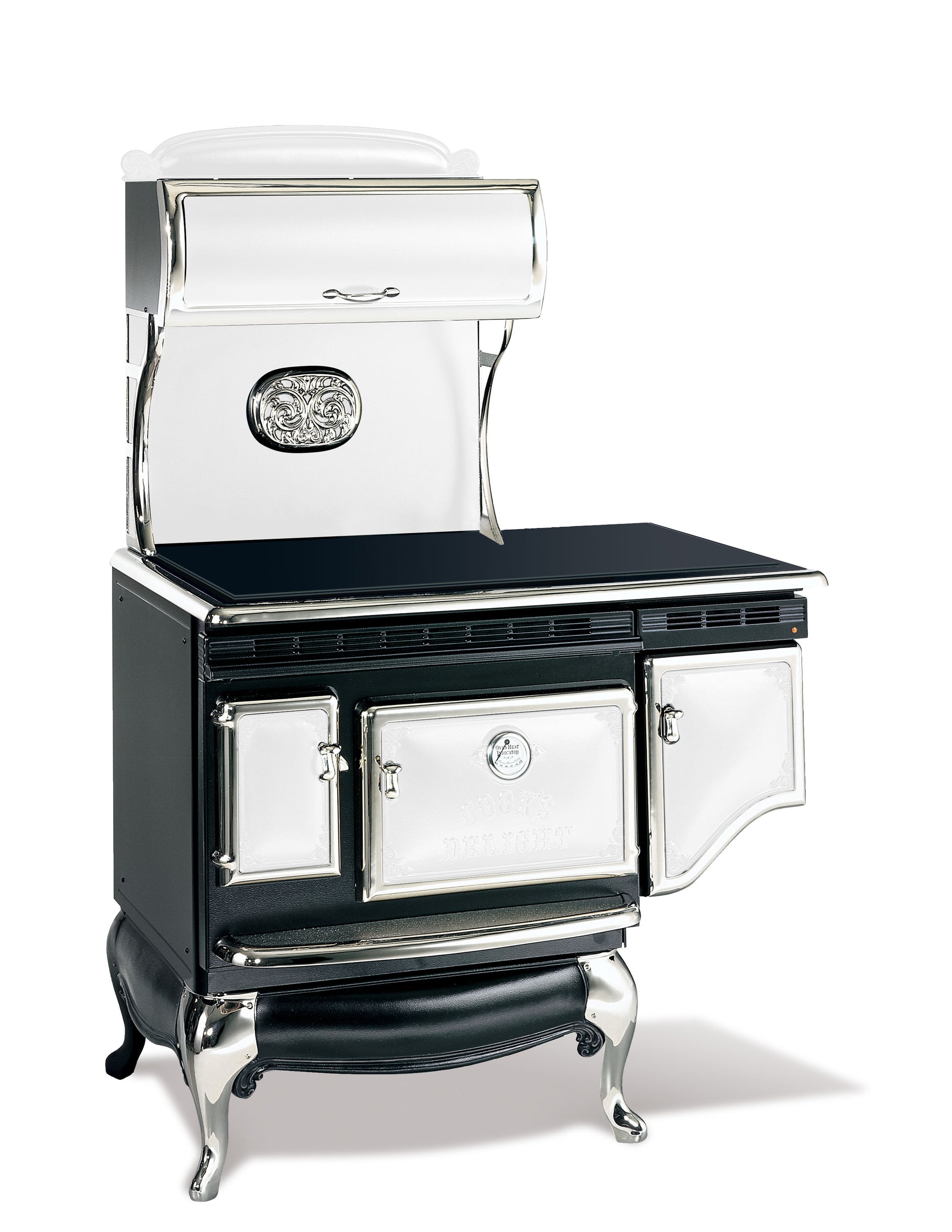 Black and White Elmira Stove Works Heritage Induction Model 1855 vintage-style cookstove with polished nickel accents.