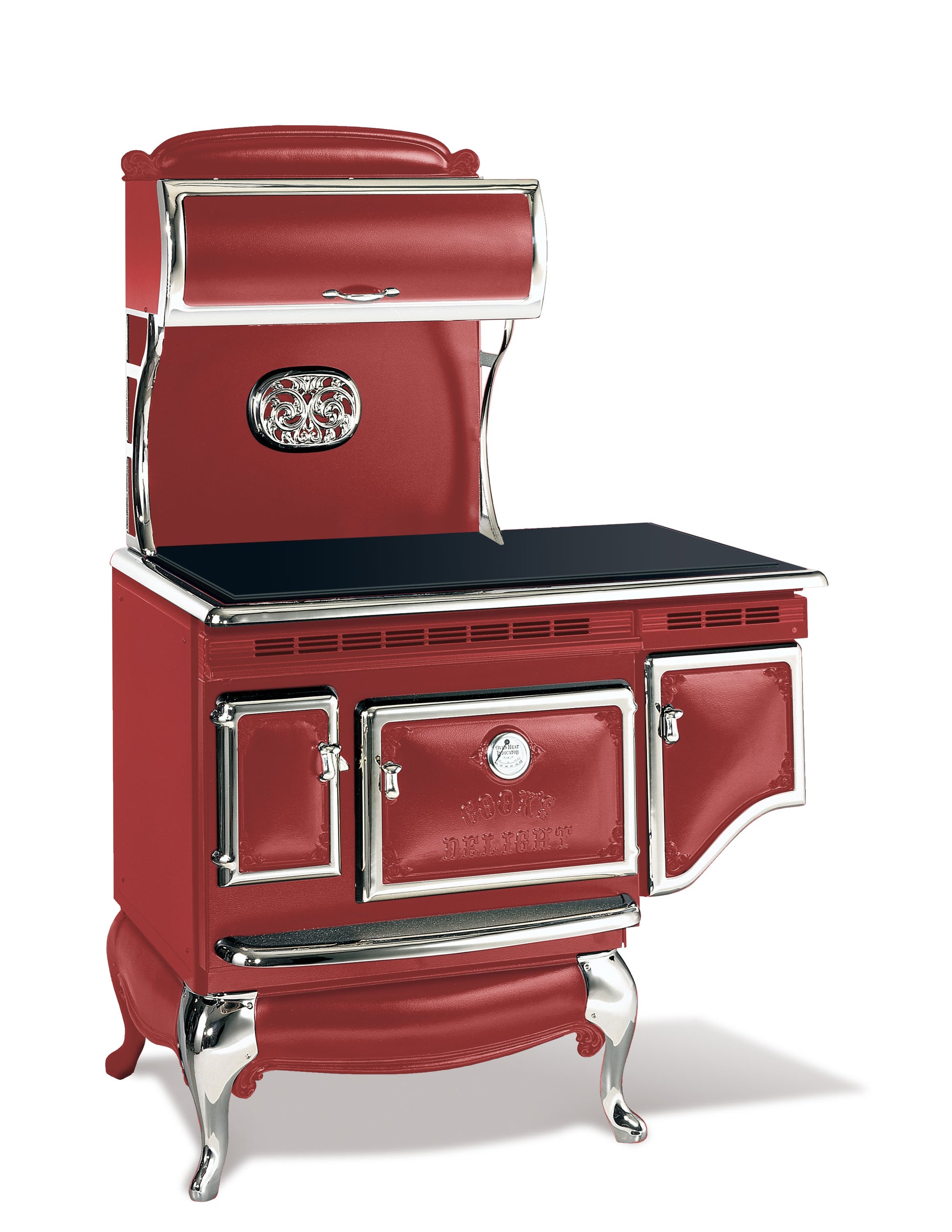 Cayenne Red Elmira Stove Works Heritage Induction Model 1855 vintage-style cookstove with polished nickel accents.