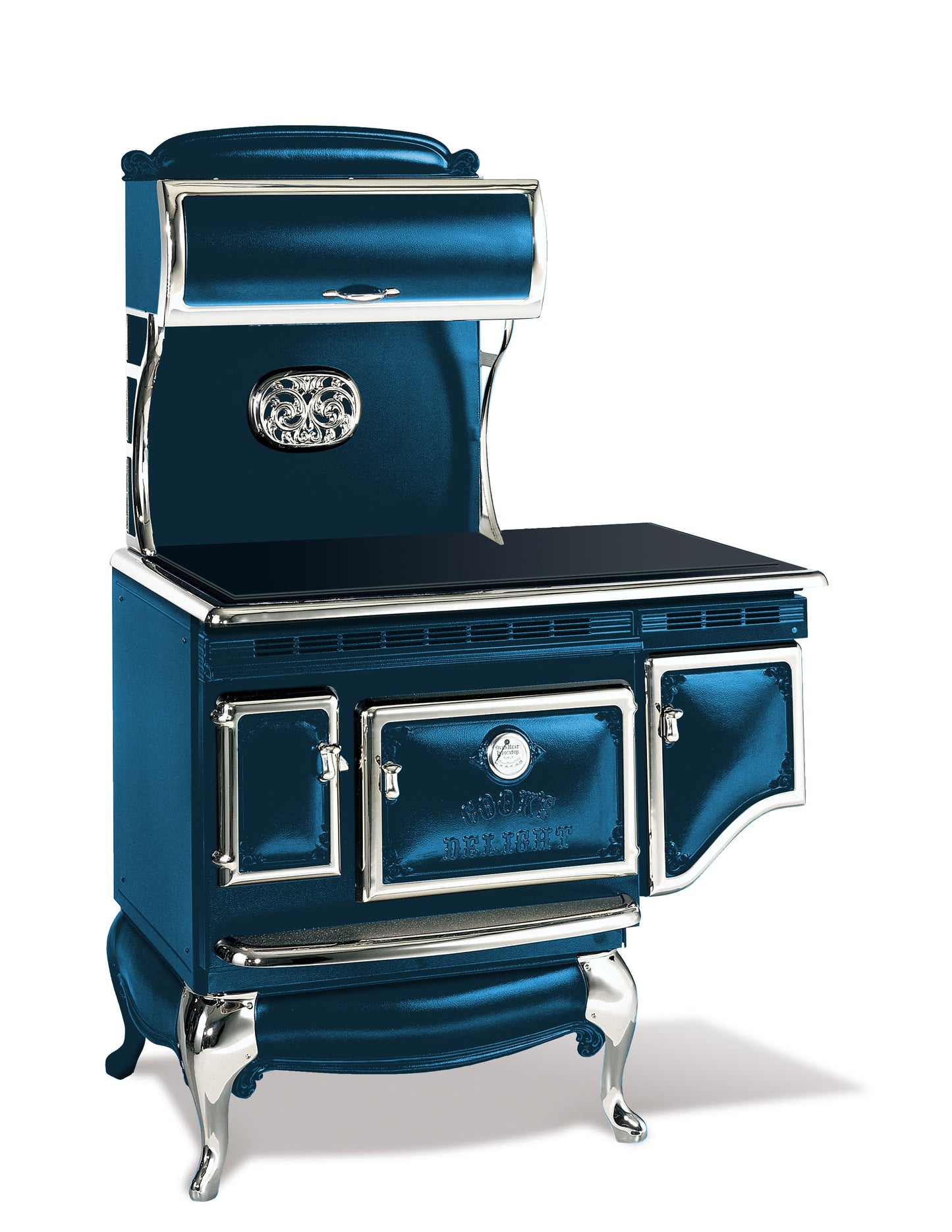 Liberty Blue Elmira Stove Works Heritage Induction Model 1855 vintage-style cookstove with polished nickel accents.