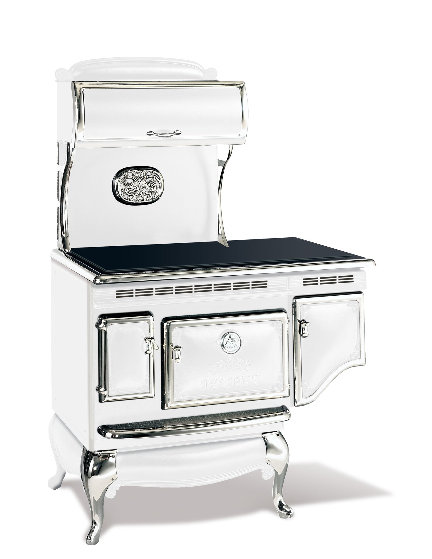 White Elmira Stove Works Heritage Induction Model 1855 vintage-style cookstove with polished nickel accents.