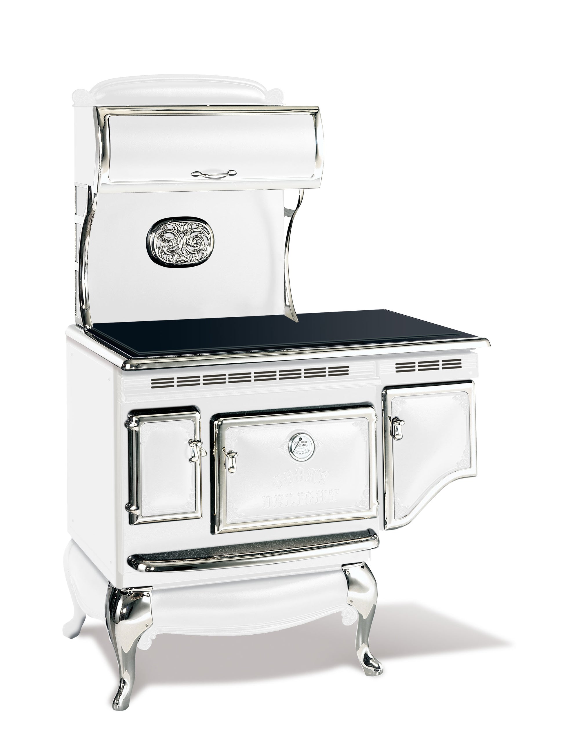 White Elmira Stove Works Heritage Induction Model 1855 vintage-style cookstove with polished nickel accents.