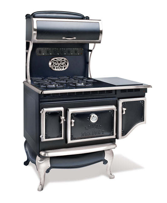 Heritage-Inspired Range with six dual fuel cooktop burners, four gas burners and two electric burners, Black with Nickel trim, electric convection oven, 1865