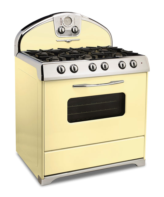 Retro-Inspired Northstar range with six gas cooktop burners and an electric convection oven, Buttercup Yellow, 1947