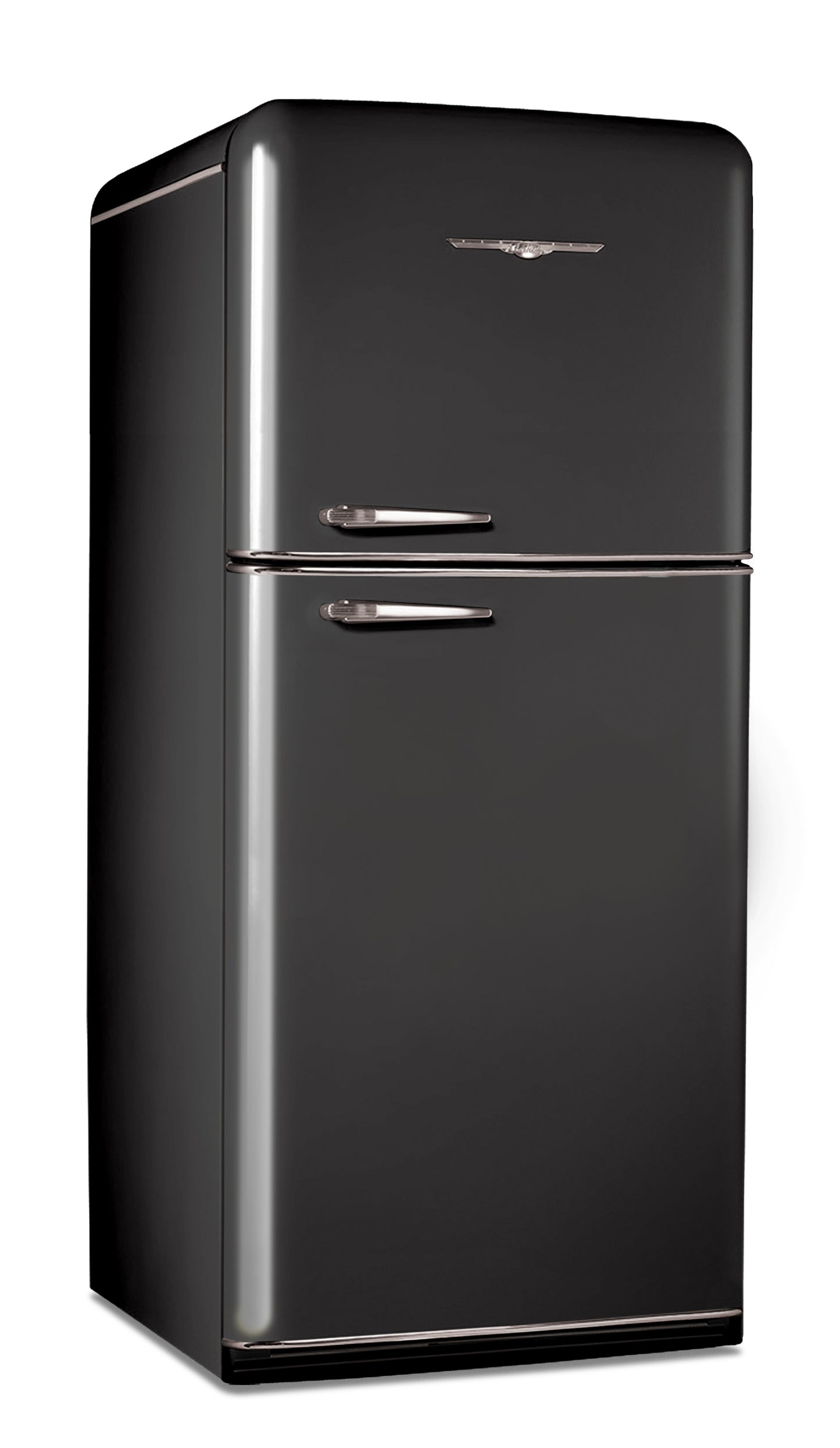 Elmira Stove Works Northstar Model 1952 top-freezer refrigerator in Black with chrome accents and handles.