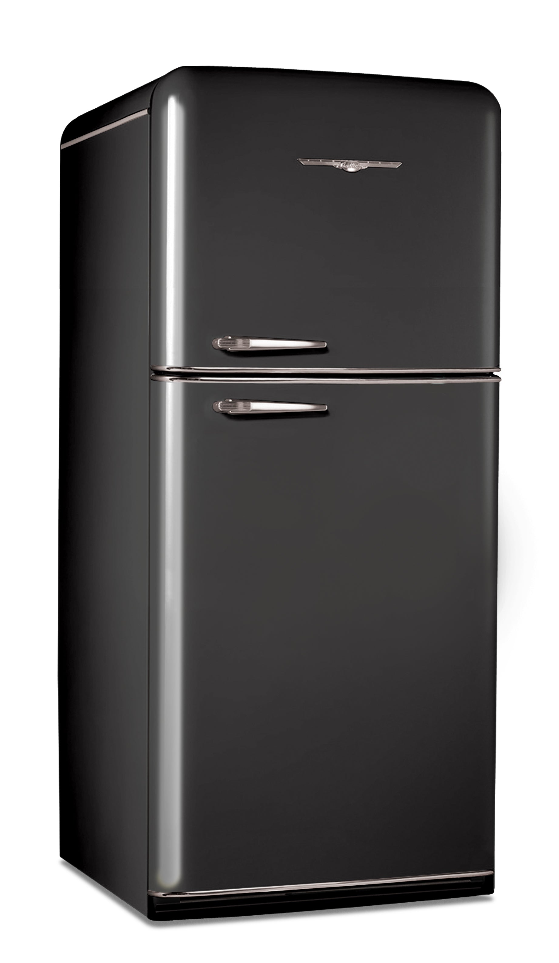 Elmira Stove Works Northstar Model 1952 top-freezer refrigerator in Black with chrome accents and handles.