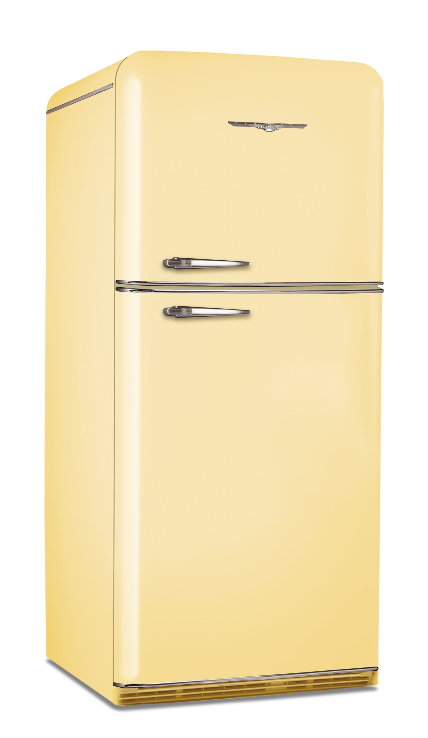 Elmira Stove Works Northstar Model 1952 top-freezer refrigerator in Buttercup Yellow with chrome accents and handles.
