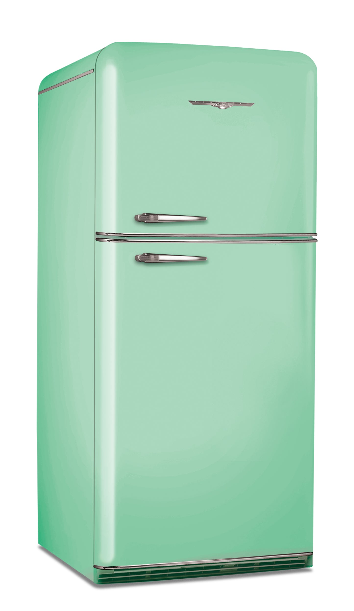 Elmira Stove Works Northstar Model 1952 top-freezer refrigerator in Mint Green with chrome accents and handles.