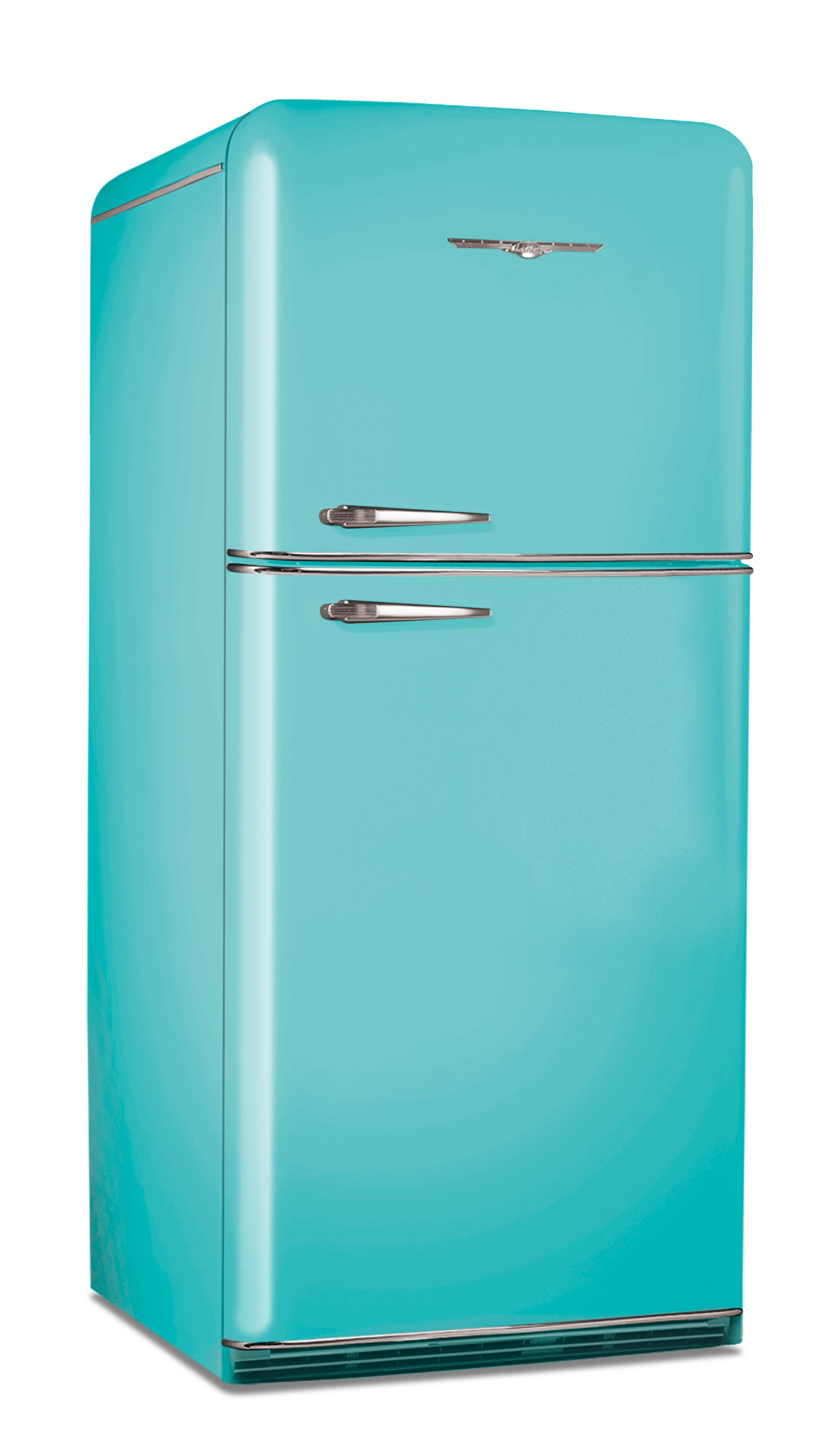 Elmira Stove Works Northstar Model 1952 top-freezer refrigerator in Robin's Egg Blue with chrome accents and handles.