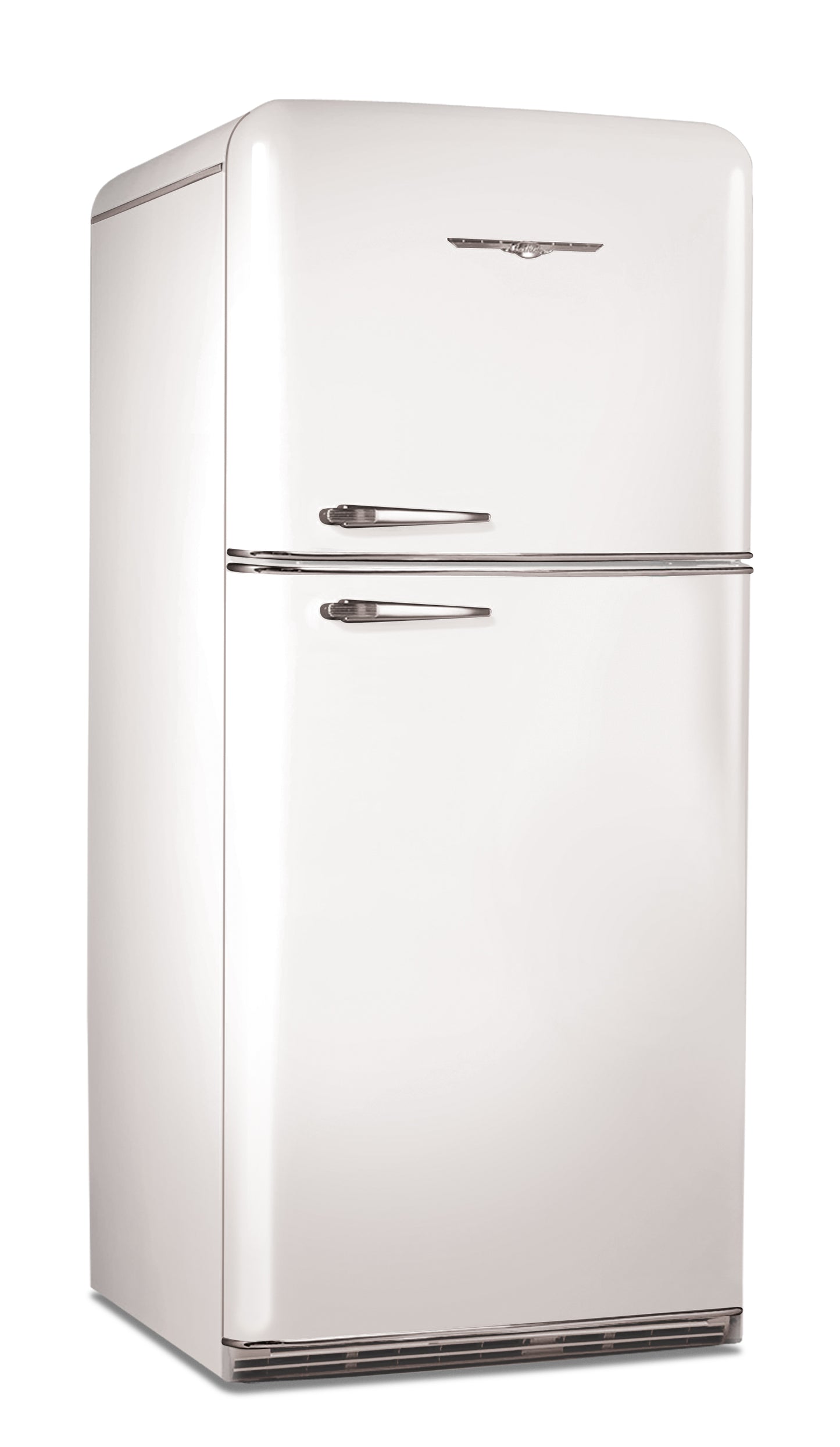Elmira Stove Works Northstar Model 1952 top-freezer refrigerator in White with chrome accents and handles.