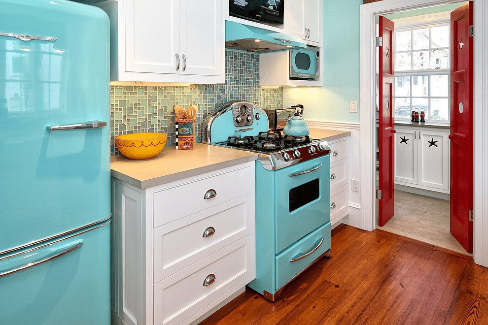 Retro Style Furniture Kitchen Eclectic with Beach House Blue Appliances
